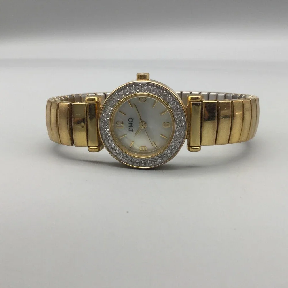 DMQ Womens Watch 24mm MOP Dial Gold Tone Crystals Stretch Band New Battery